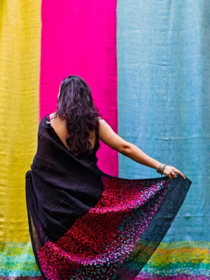 Calyz Black Linen Saree with Collage Technique - Image 8